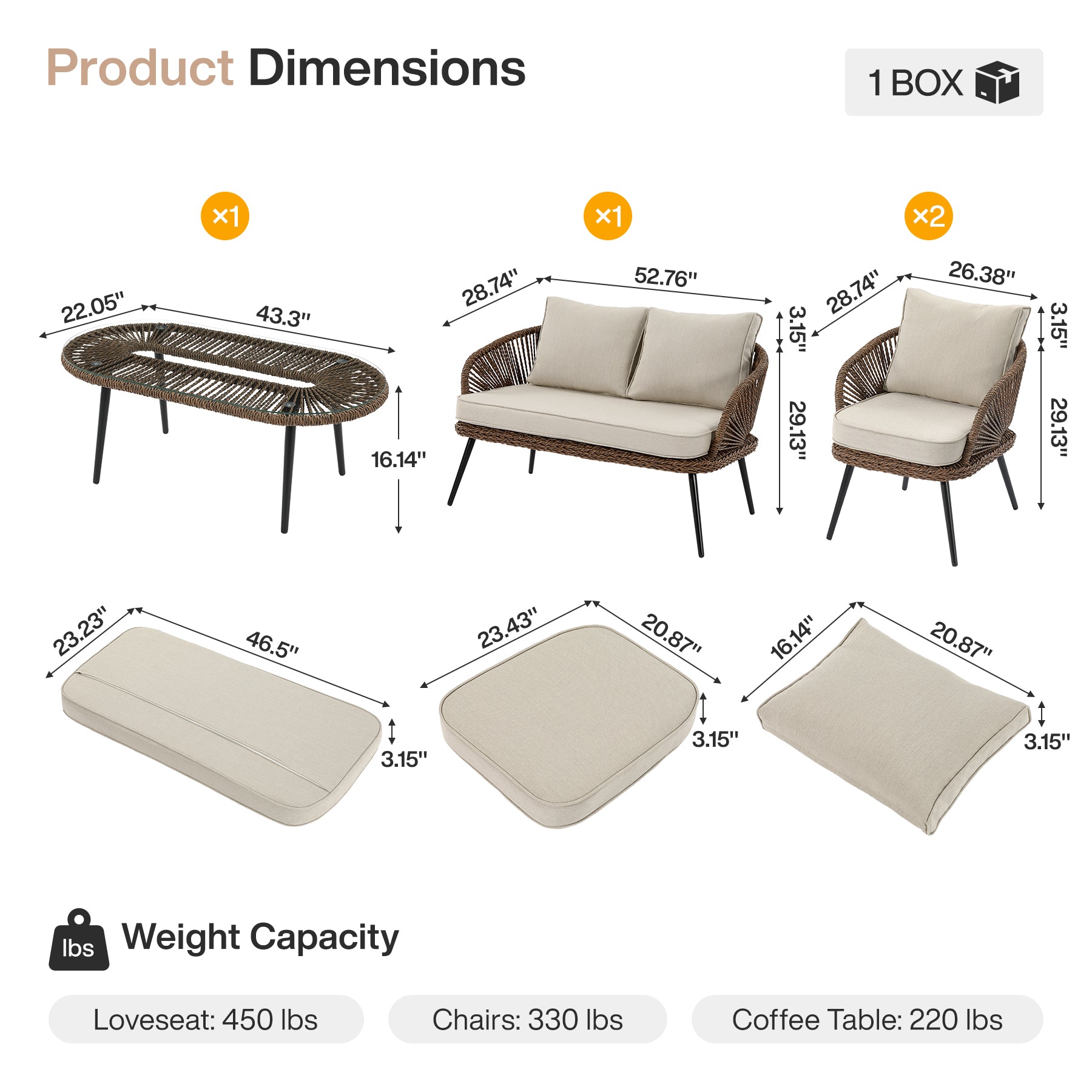 4-Piece Rattan Outdoor Patio Furniture Set with Removable Cushions and Coffee Table