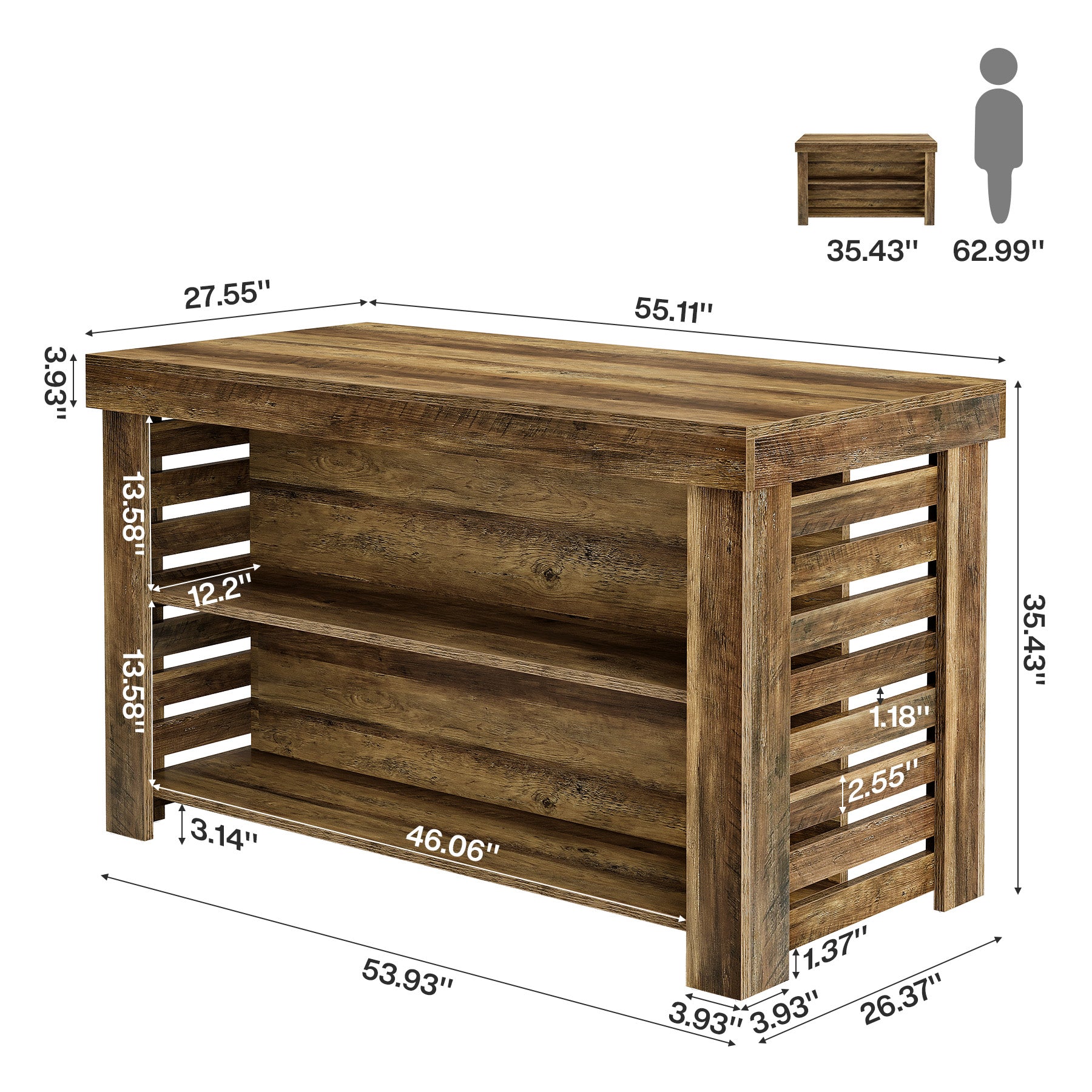55" Kitchen Island, 3-Tier Farmhouse Coffee Bar Table with Storage Shelves
