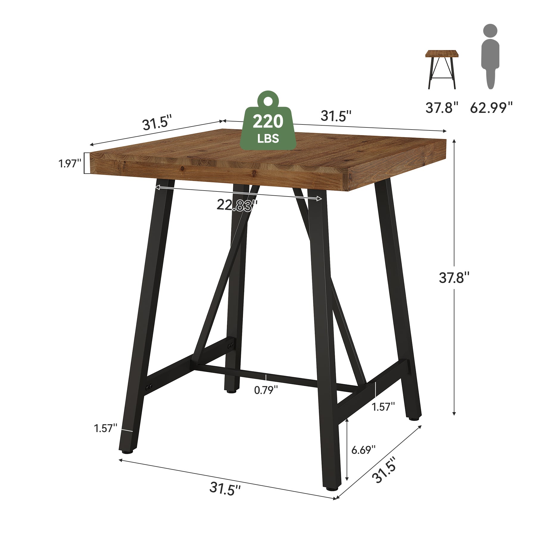 31.5" Solid Wood Bar Table, Counter Height Pub Table Kitchen Dinner Table