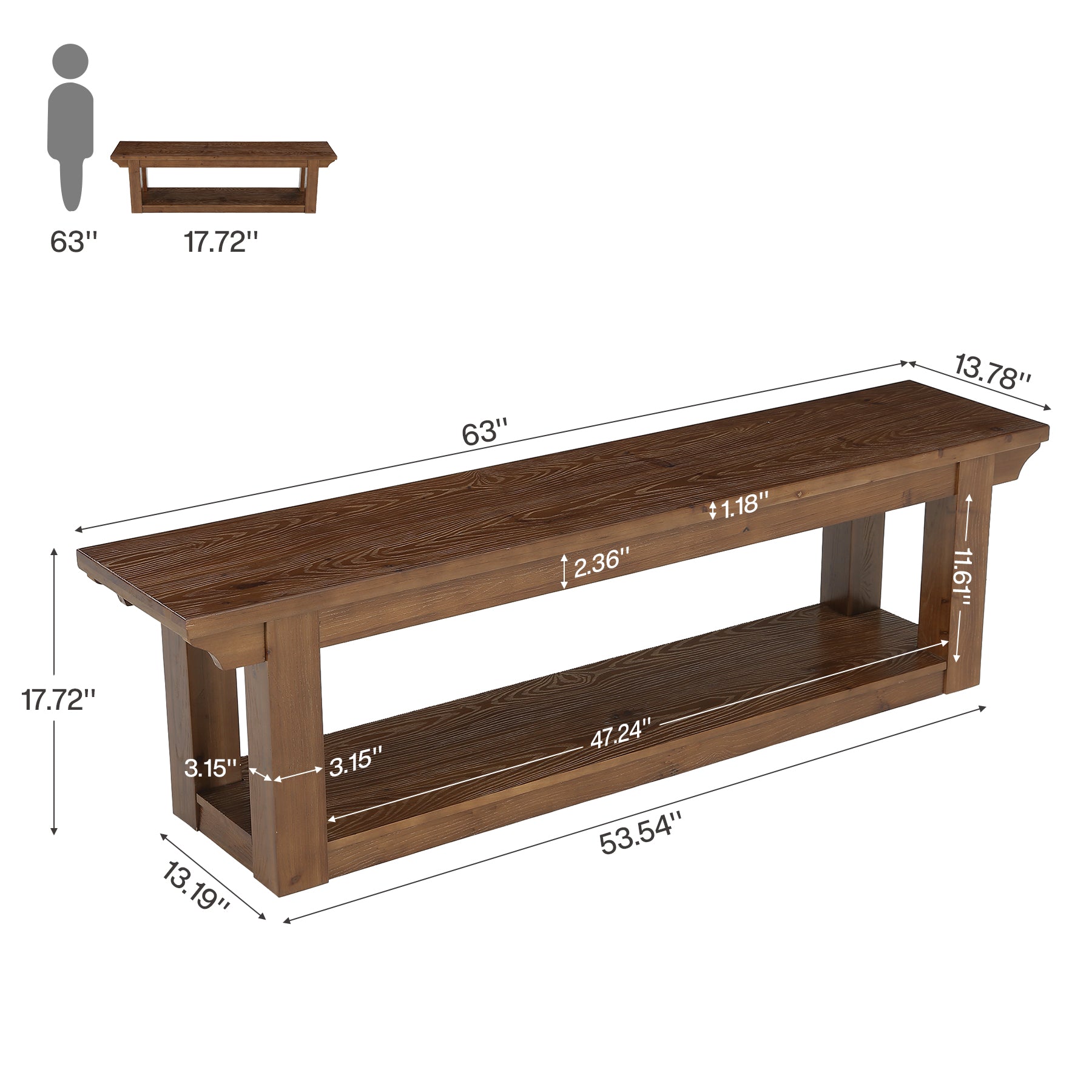 63" Dining Bench with Storage, Farmhouse Solid Wood 2-Tier, Kitchen & Dining Room