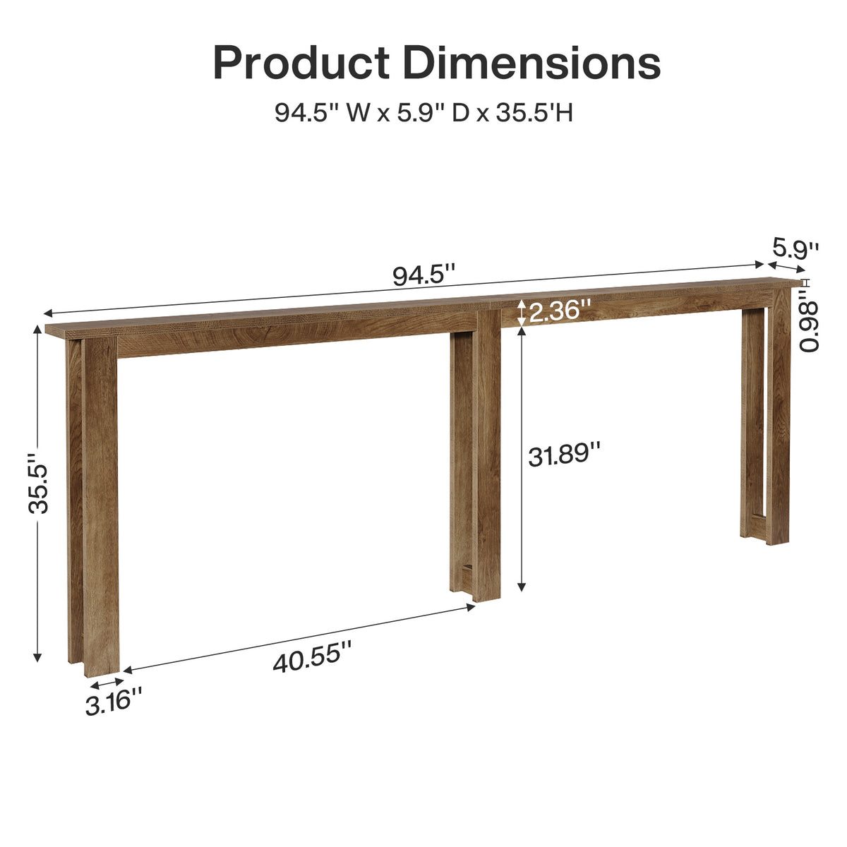 94.5" Narrow Console Table, Behind Couch Sofa Table with 3 Sets U-Shape Legs