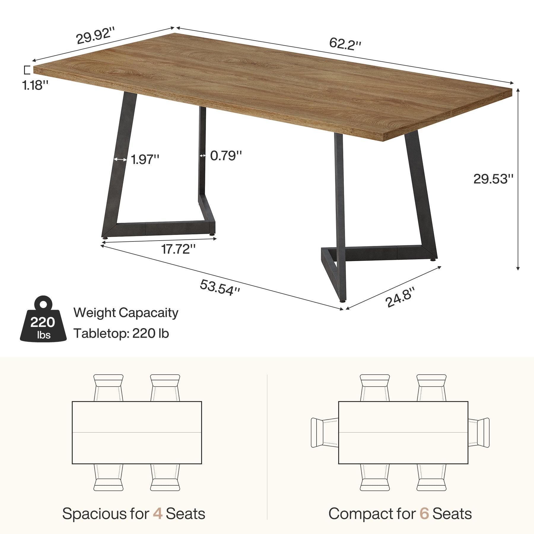 62" Rectangular Dining Table for 6, Modern Farmhouse Kitchen Table with Metal Legs for Dining Room