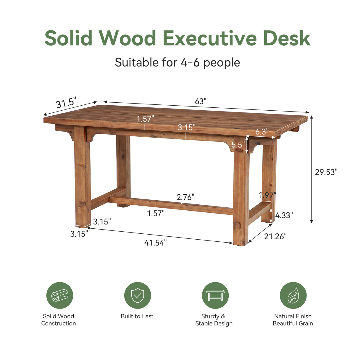 63" Solid Wood Dining Table for 4-6, Rectangular Kitchen Table with Thick Trestle Legs