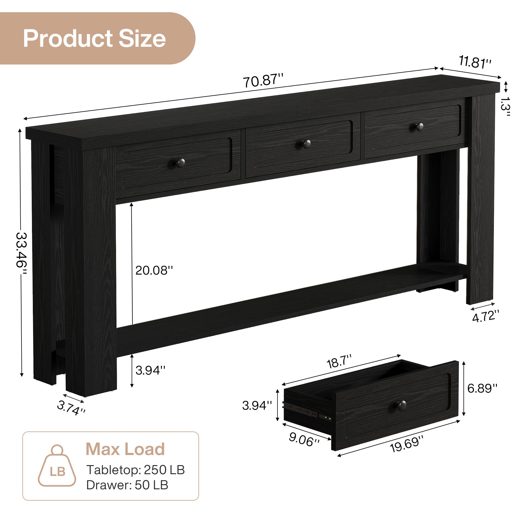 70.9" Extra-Long Console Table with 3 Drawers, Narrow Farmhouse Entryway Sofa Table with Shelf for Hallway or Behind Couch