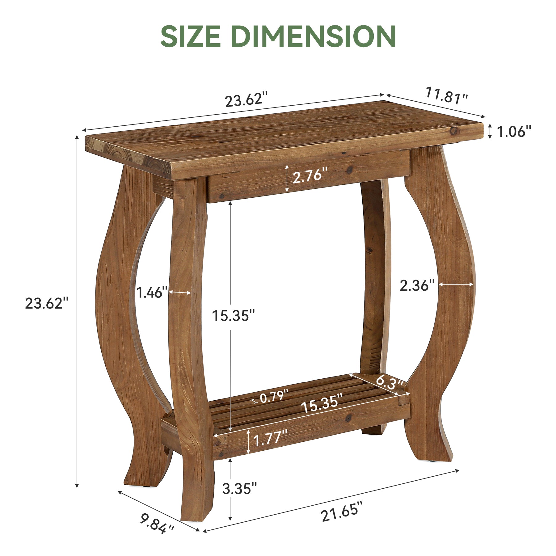 2-Tier Solid Wood End Table, Narrow Side Table with Shelf & Curved Legs for Small Spaces