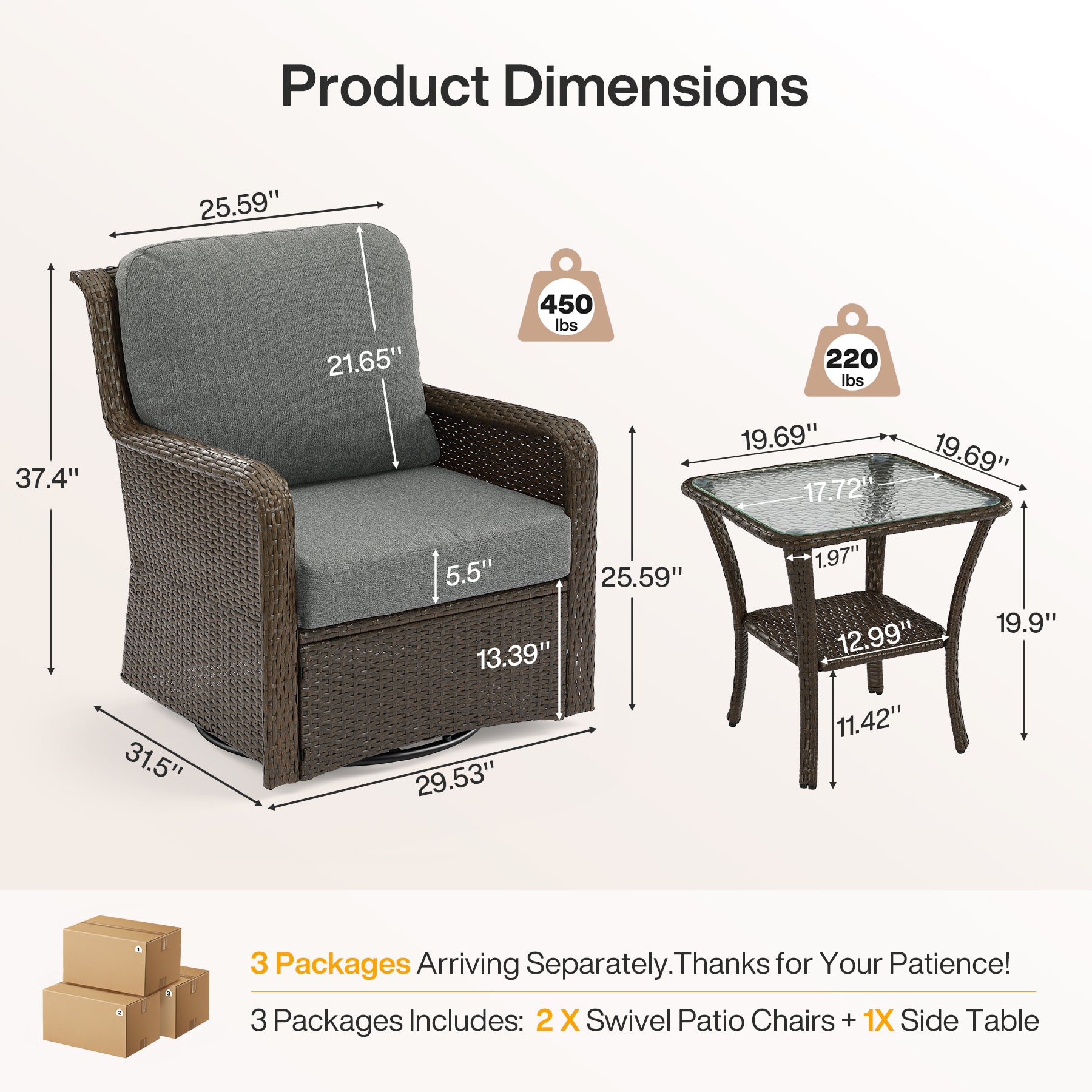 3-Piece Patio Furniture Set, Outdoor Wicker Swivel Chairs Bistro Sets