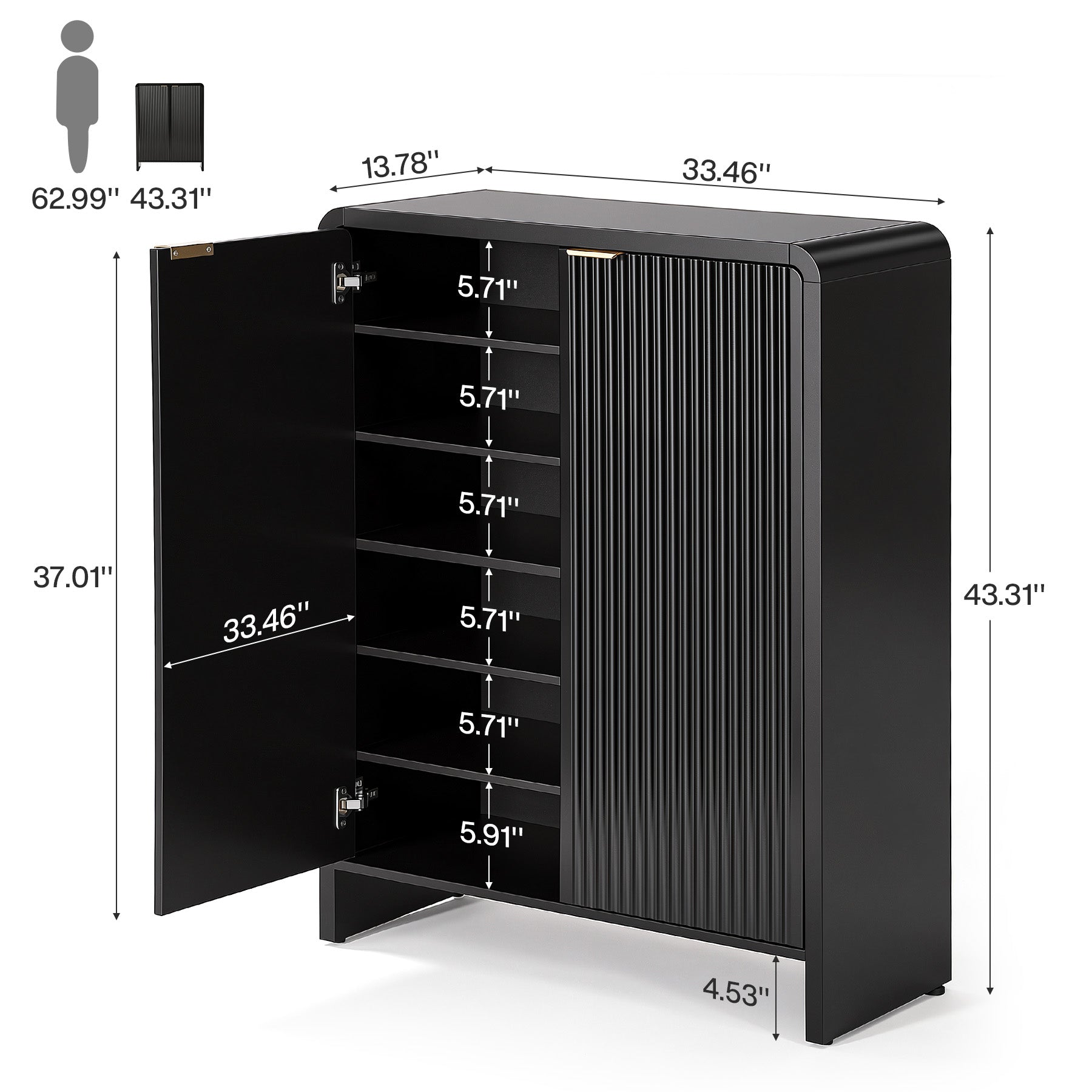 43.31-Inch Black Shoe Storage Cabinet with Doors, 6-Tier Fluted Entryway Organizer