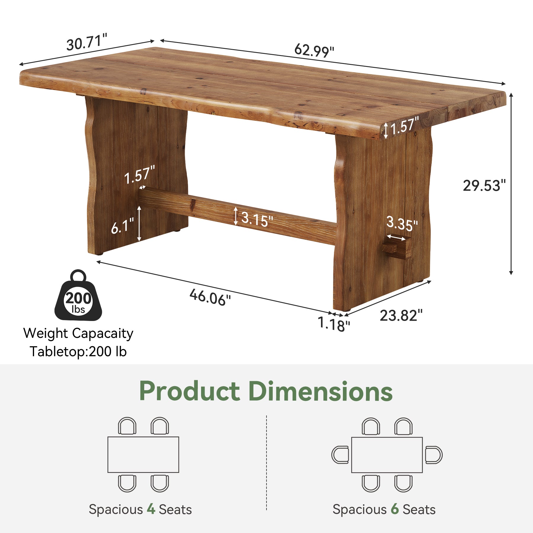 63" Solid Wood Dining Table, Live Edge Rectangular Kitchen Table for 4-6 People