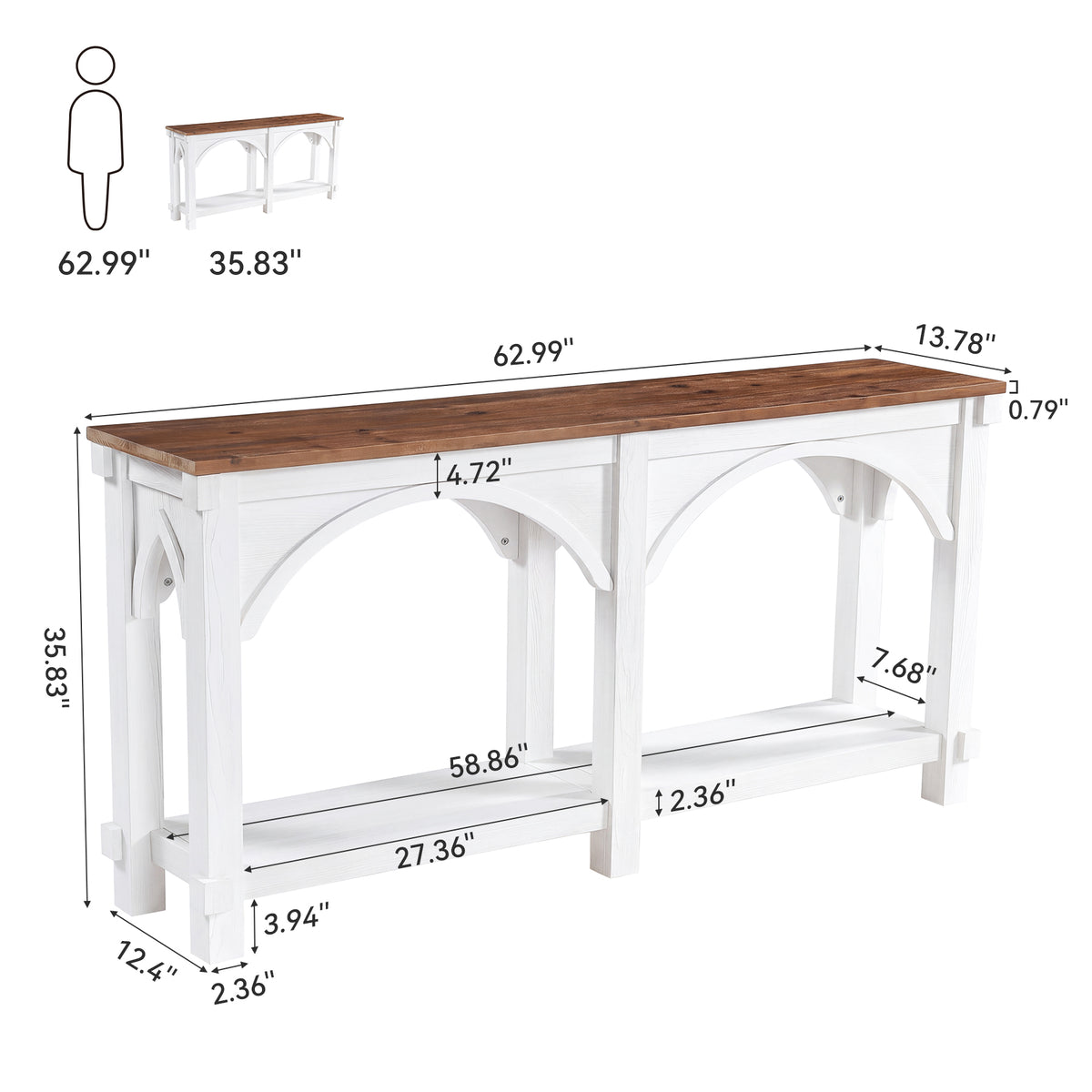 63" Solid Wood Console Table, 2-Tier Sofa Table with Storage Shelves for Entryway