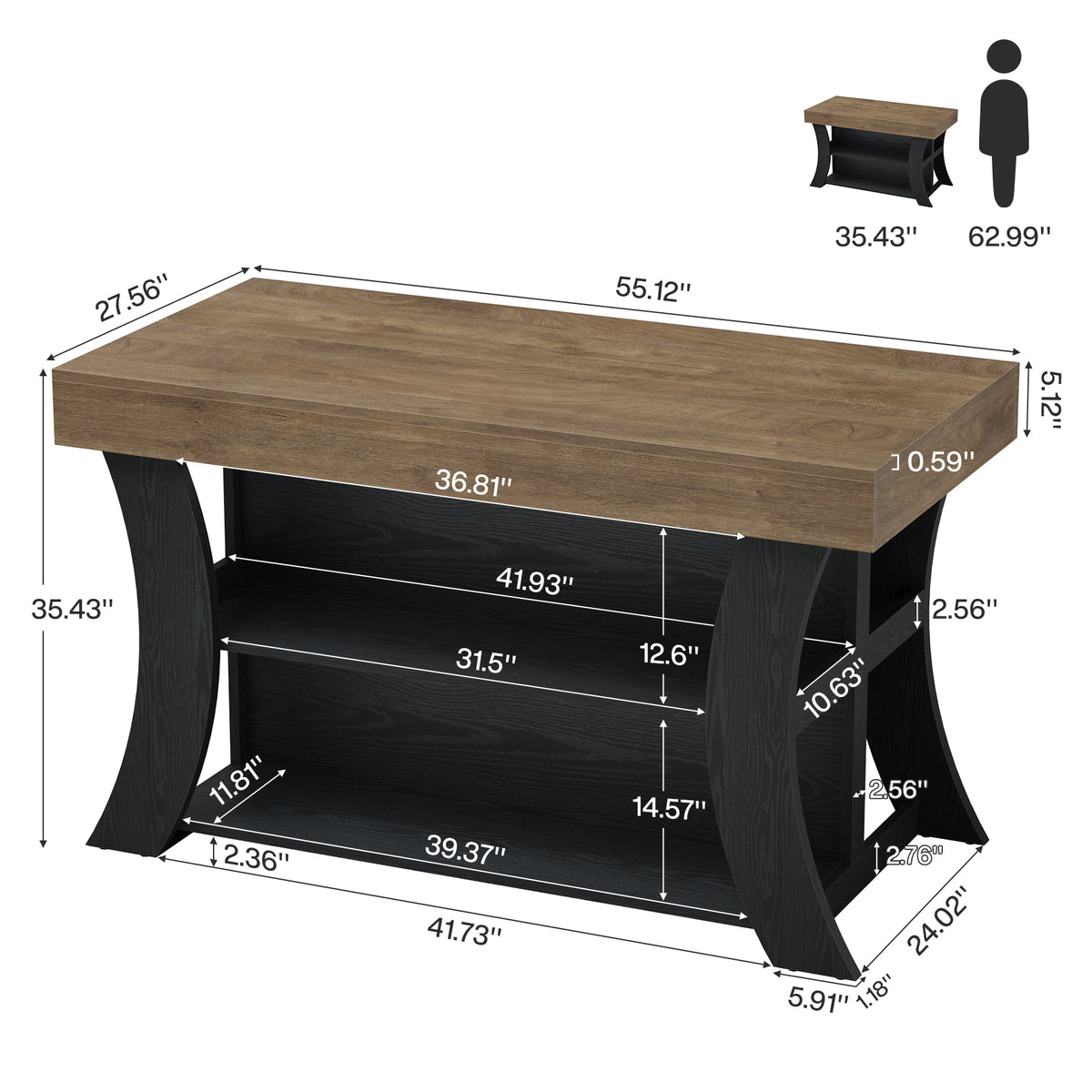 55" Farmhouse Kitchen Island with Storage & Seating Space, Stationary Island Table