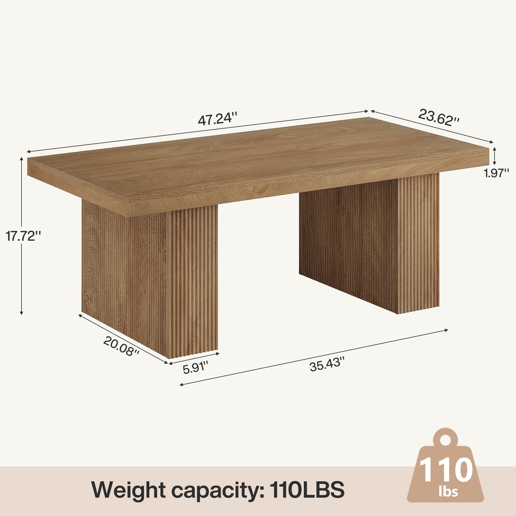 47.2" Wooden Coffee Table, Rectangle Center Table with Thick Base