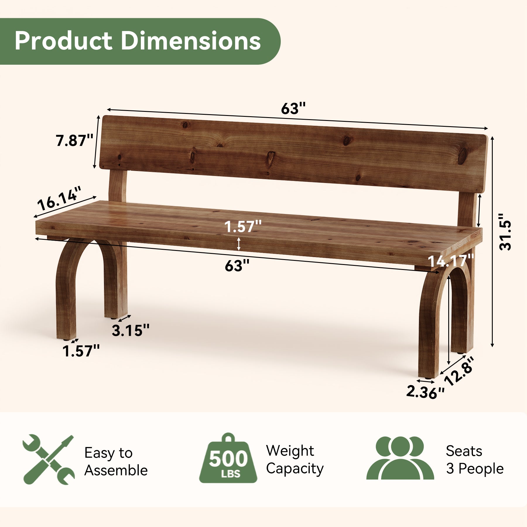 Solid Wood Entryway Bench with Backrest, 63" Long Dining Bench for Entryway, Kitchen