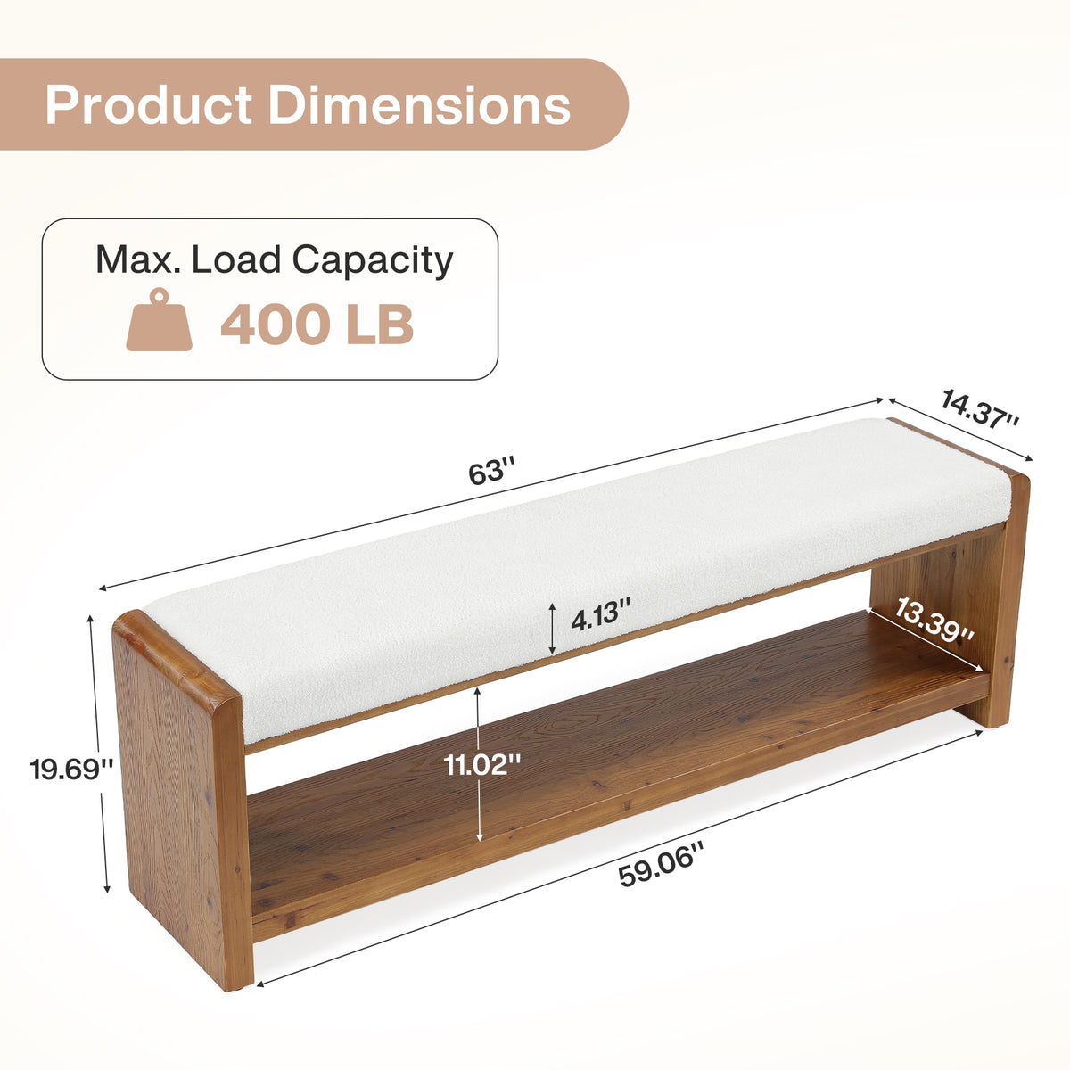 63" Solid Wood Bench with Cushion, 2-Tier Upholstered Entryway Bench for Living Room