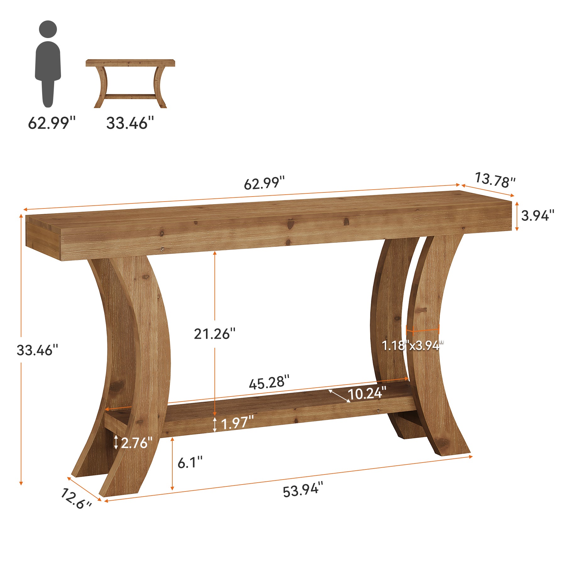 63" Solid Wood Console Table, Farmhouse Sofa Table with Storage Shelf & Arch Frame