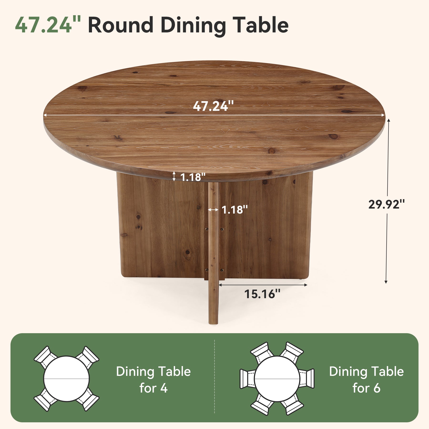 47.2" Round Dining Table, Solid Wood Kitchen Table with Cross Pedestal Base for 4-6