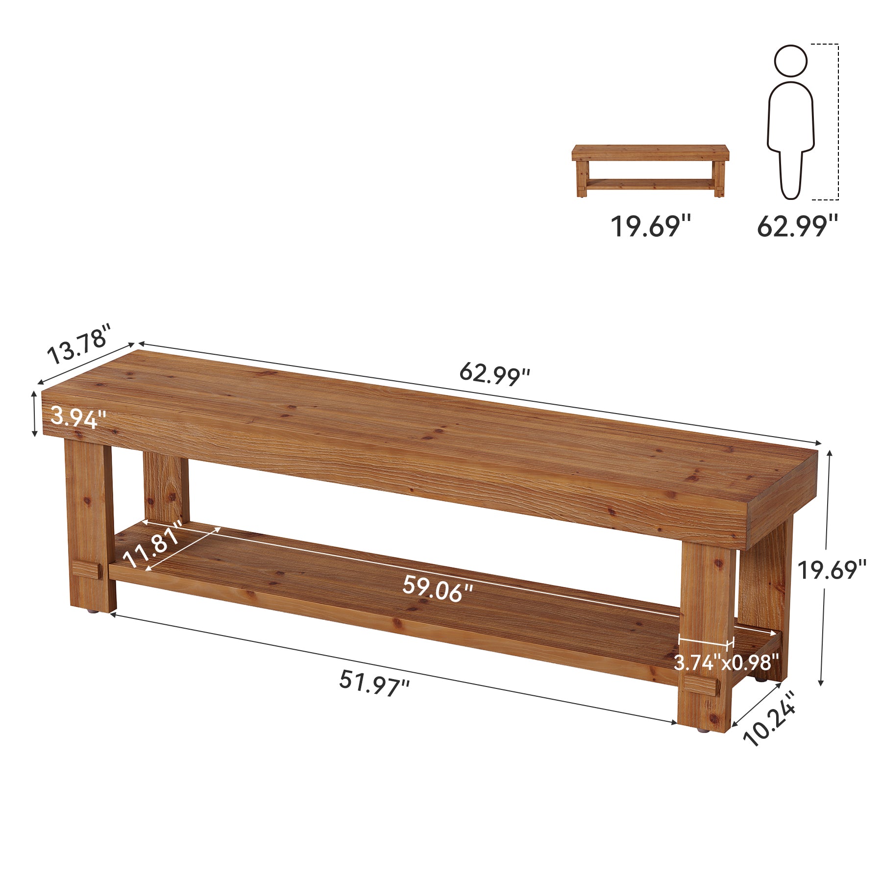 63" Solid Wood Entryway Bench, 2-Tier Shoe Bench End of Bed Bench with Storage
