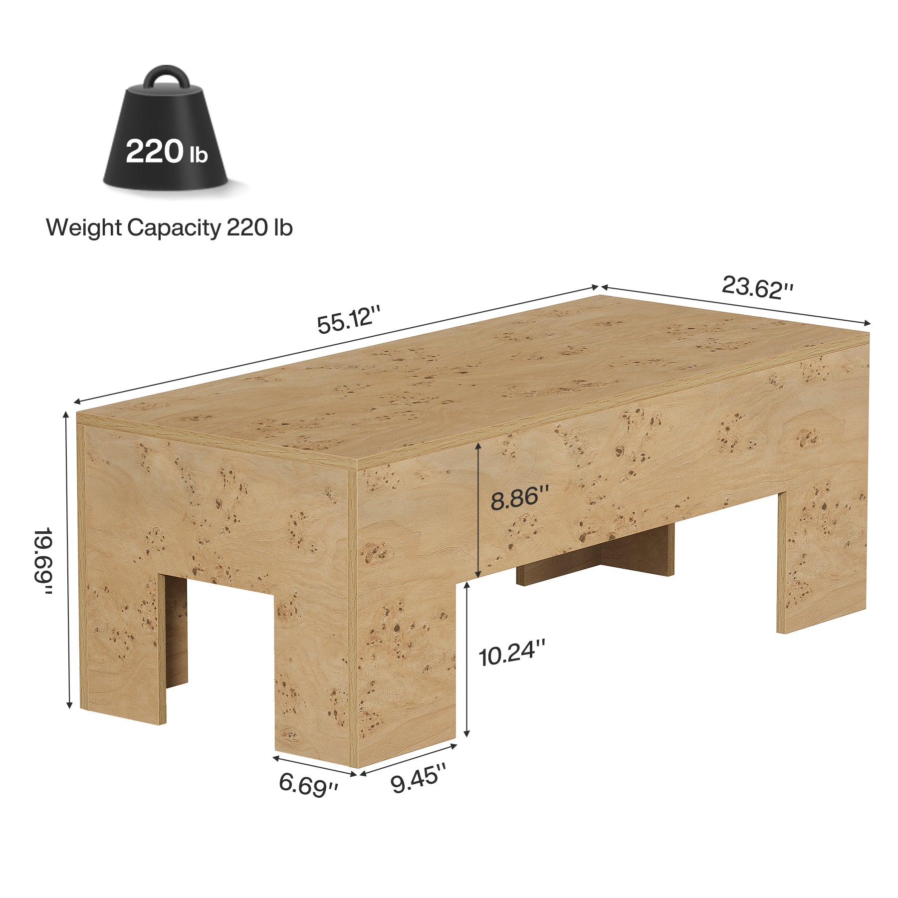 Tribesigns 55.12" Wood Coffee Table, Burl Veneer Center Table for Living Room