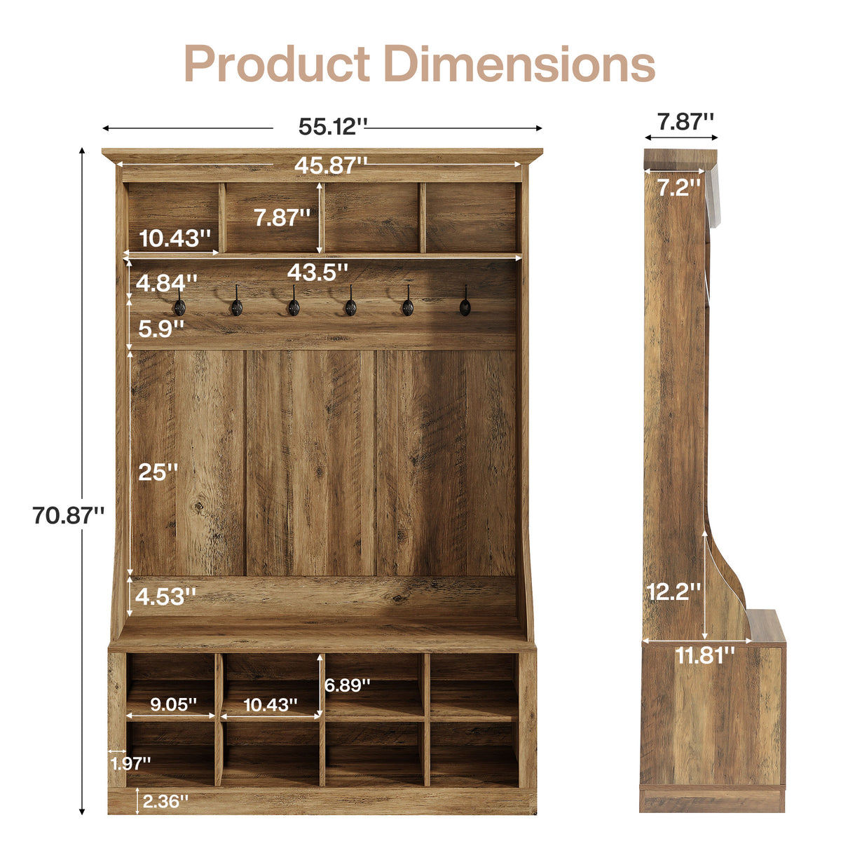 4-in-1 Hall Tree with Bench & Shoe Storage, 70.9" H Entryway Coat Rack with 6 Hooks, 12 Cubbies