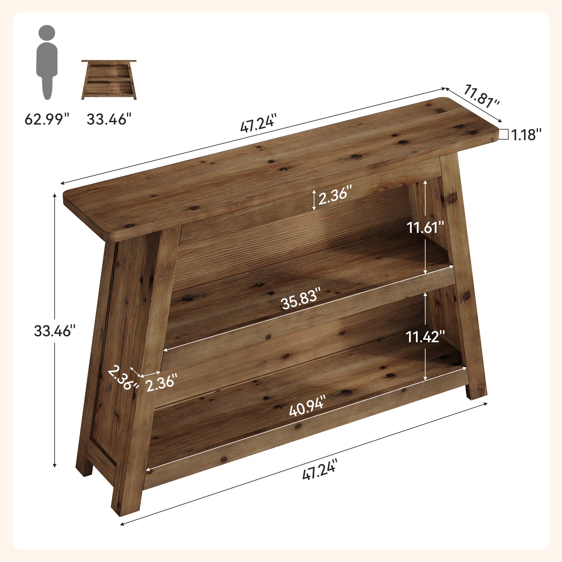 47" Solid Wood Console Table with Storage Shelves, 3-Tier Farmhouse Entryway & Sofa Table for Hallway
