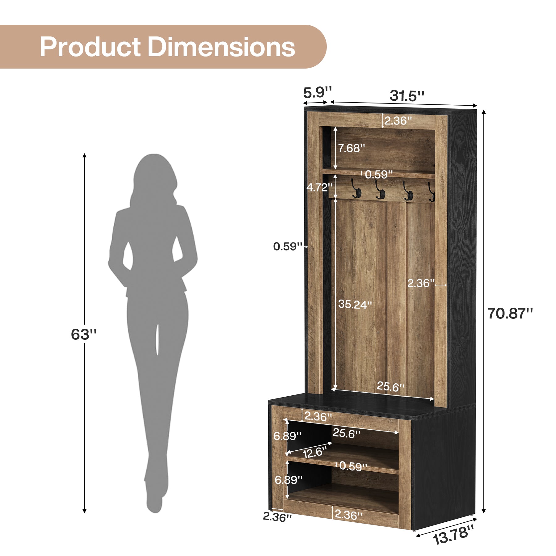 70.8" Tall Farmhouse Hall Tree with Shoe Bench & 4 Hooks, 4-in-1 Entryway Coat Rack Organizer