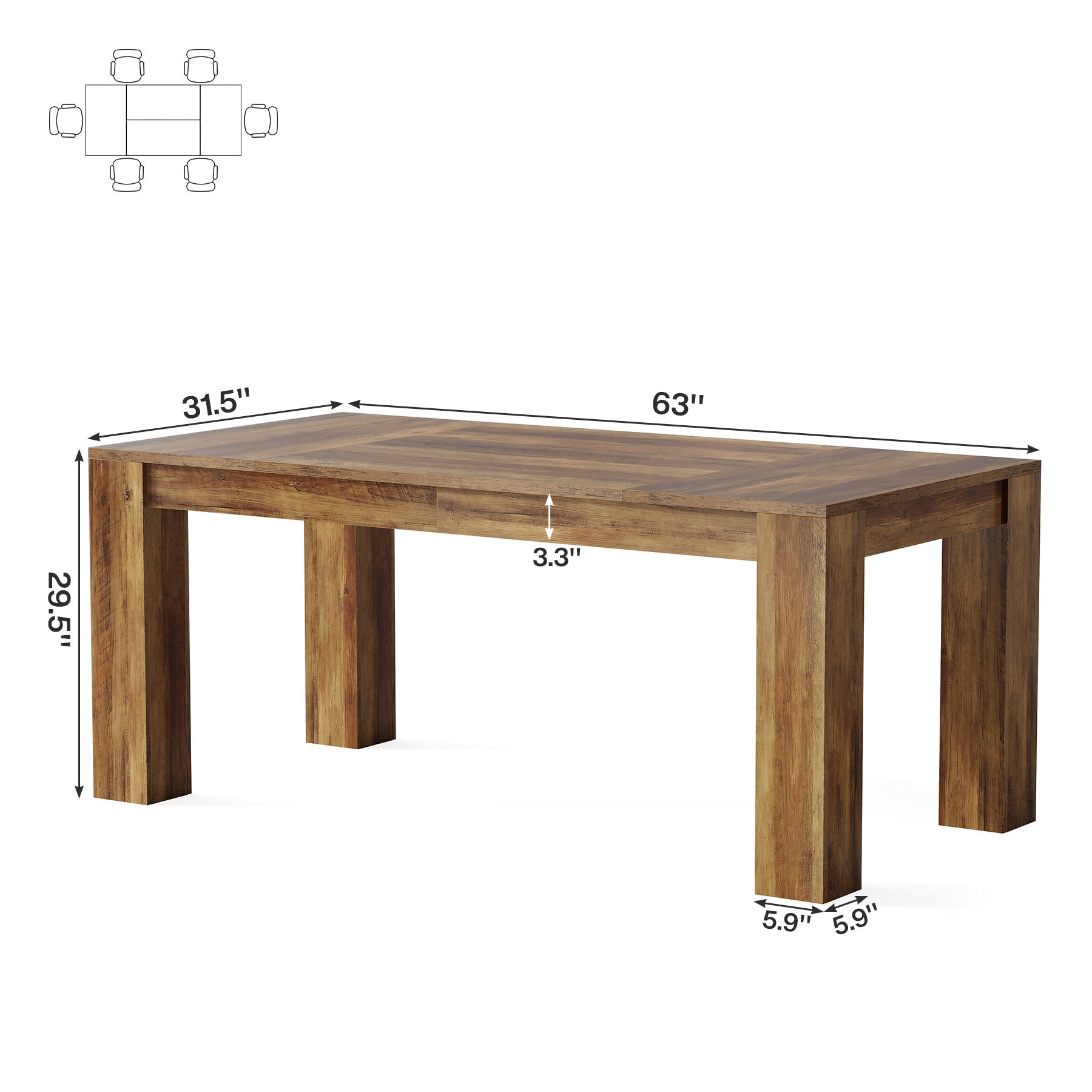 63" Dining Table, Farmhouse Kitchen Dinner Table for 4-6 People