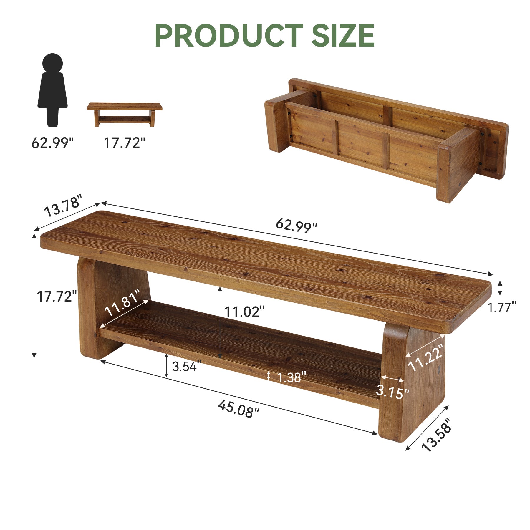 63-Inch Solid Wood Entryway Bench, 2-Tier Shoe Bench with Storage for Hallway