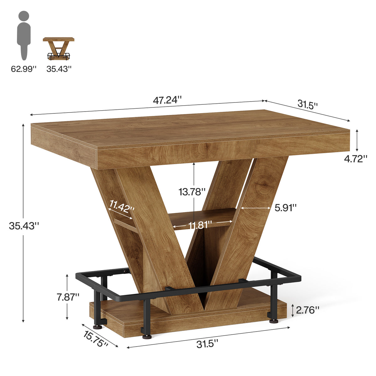 47" Counter Height Bar Table with Footrest, V-Shaped Support & 2-Tier Storage
