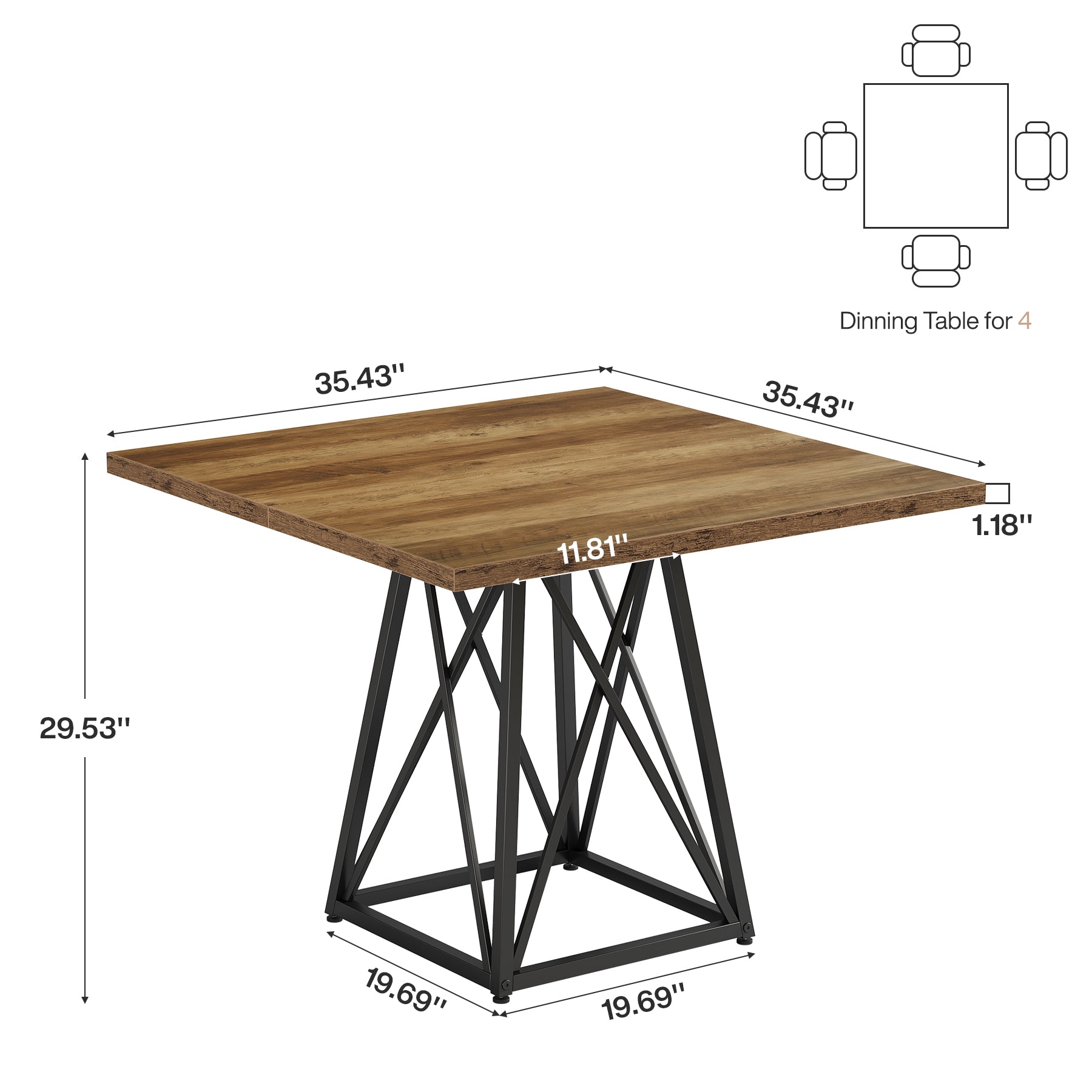 Square Dining Table for 4, 35.4" Small Kitchen Table with Metal Base