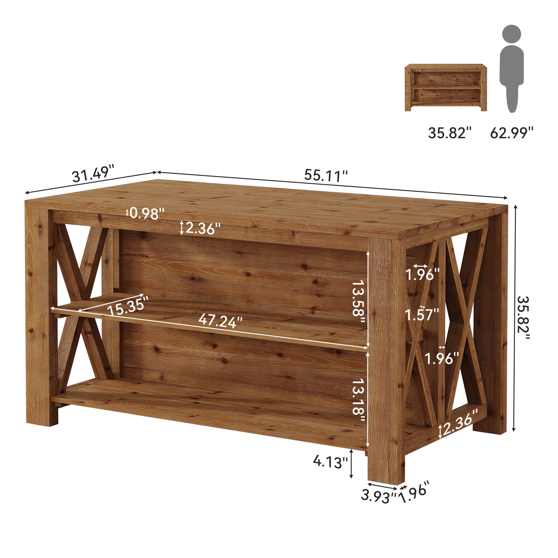 55" Solid Wood Kitchen Island, 3-Tier Stationary Storage Table For Kitchen Dining Room