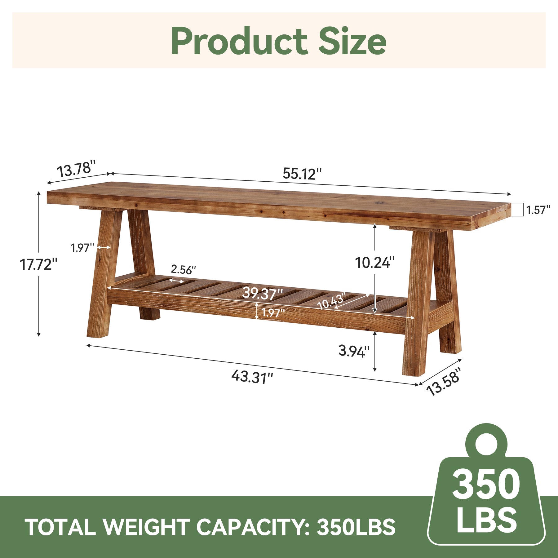55" Solid Wood Dining Bench, Long 2-Tier Indoor Seating for Dining Room