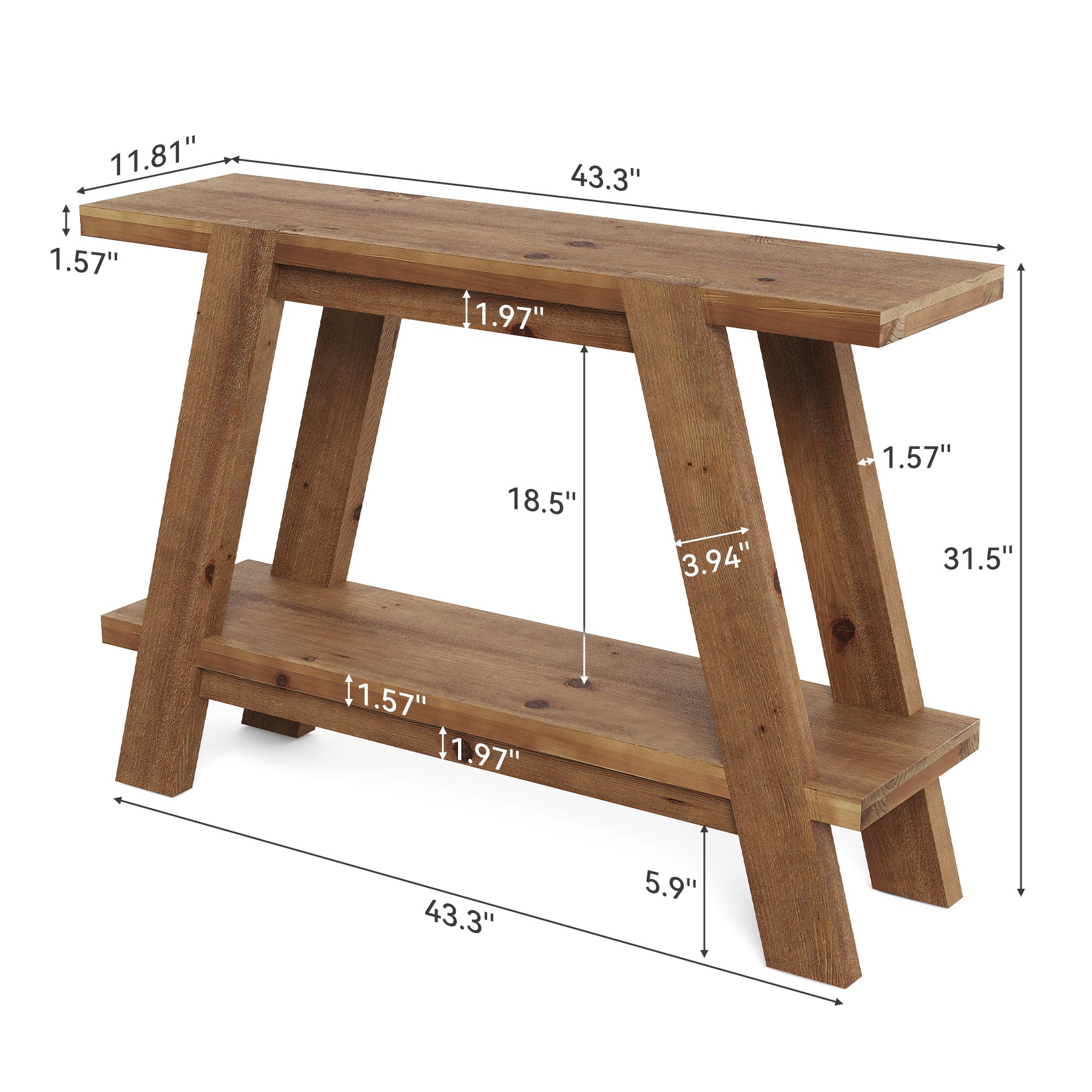 43" Narrow Console Table, 2-Tier Solid Wood Sofa Entryway Table