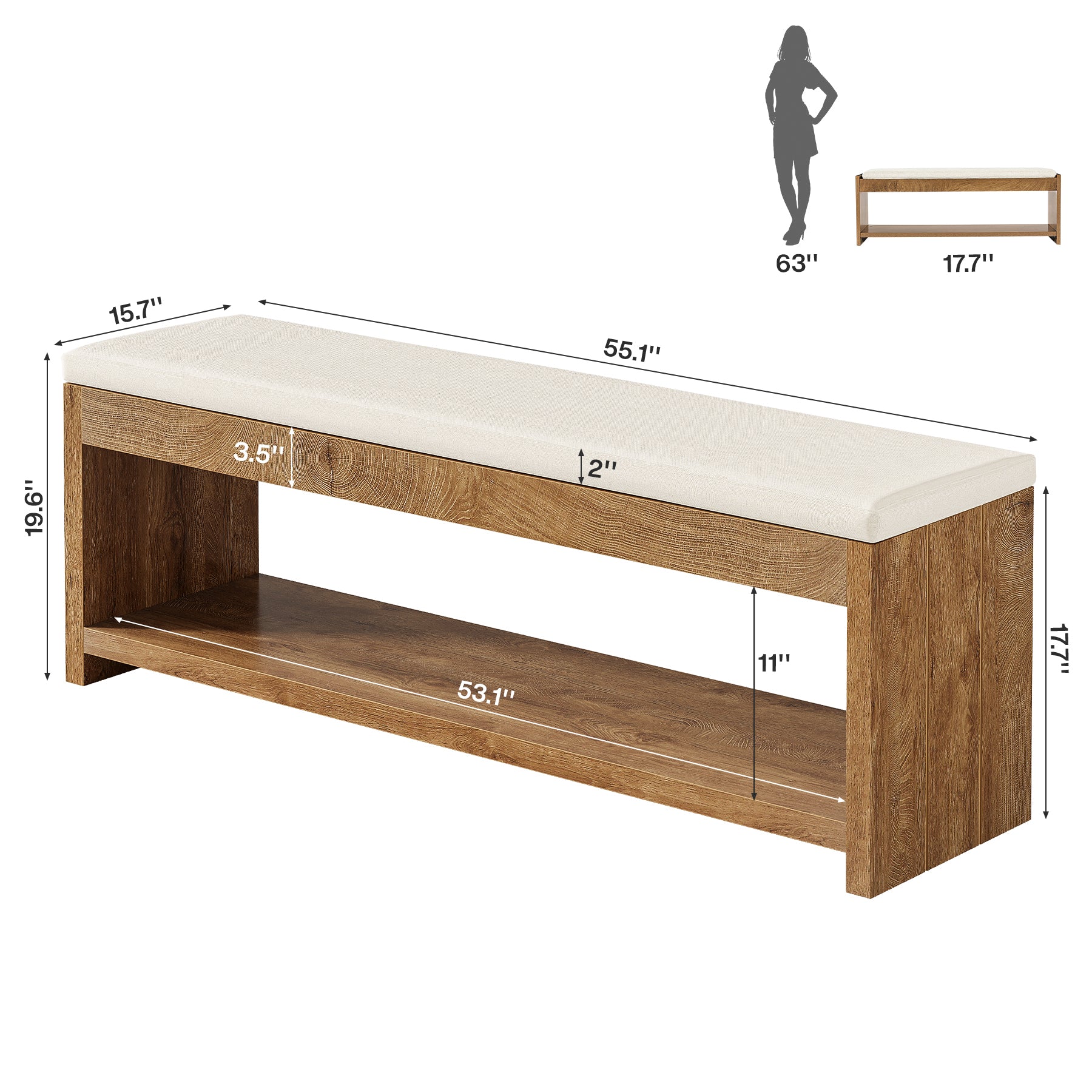 55" Entryway Bench, Wooden Shoe Bench with Cushion and Shoe Rack