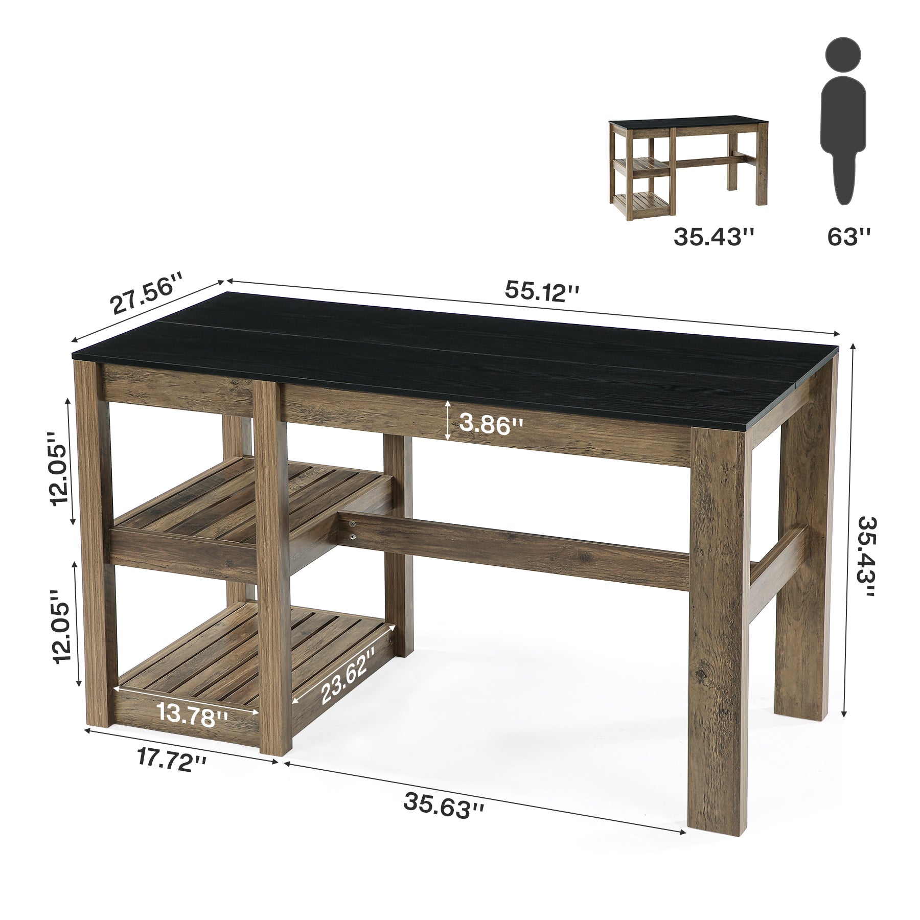 55" Kitchen Island Table, 2-Tier Storage Shelves for Dining Room