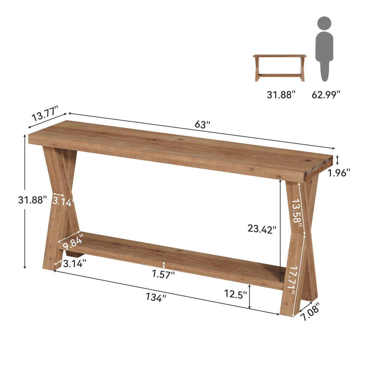 63" Solid Wood Console Table, 2-Tier Entryway Sofa Table with X-Brace Leg for Hallway