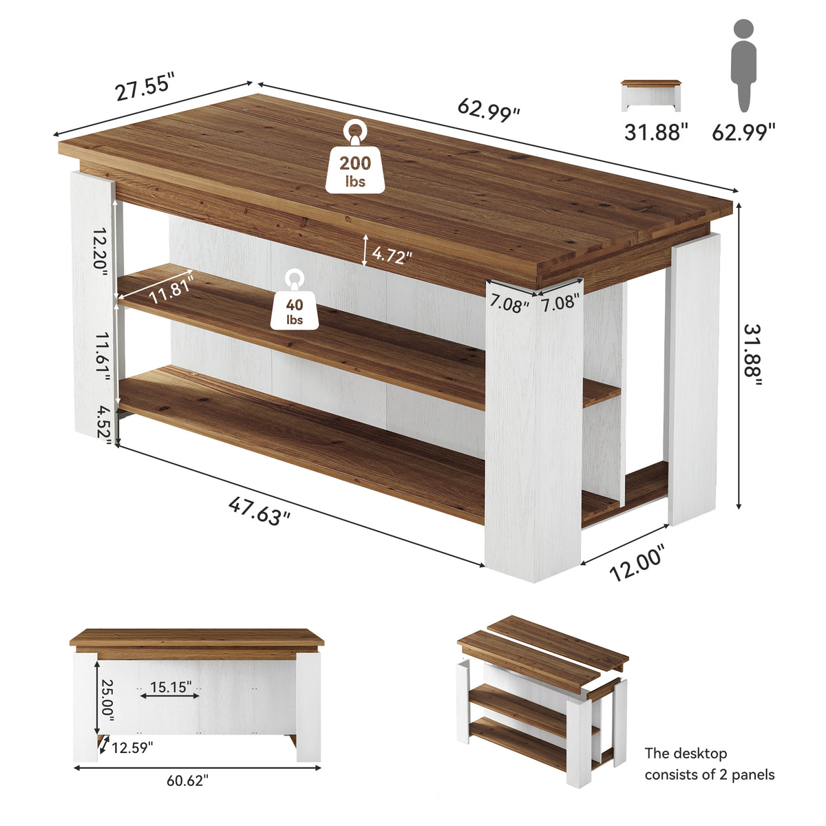 63" Solid Wood Kitchen Island with 3-Tier Storage Shelves, Kitchen Work Table