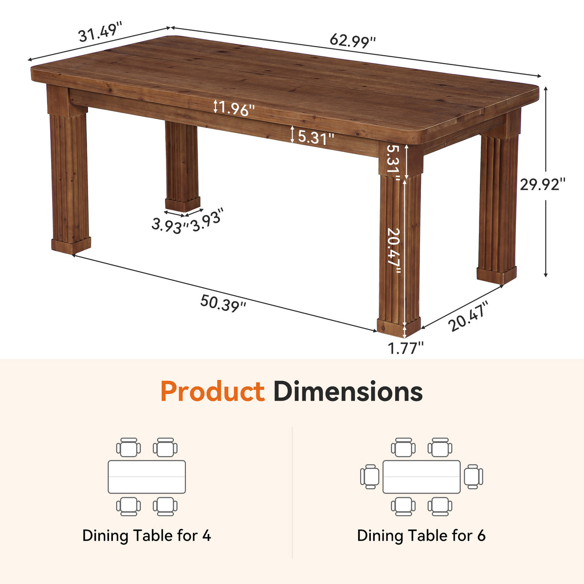 63" Farmhouse Solid Wood Dining Table for 4-6, Fluted Legs
