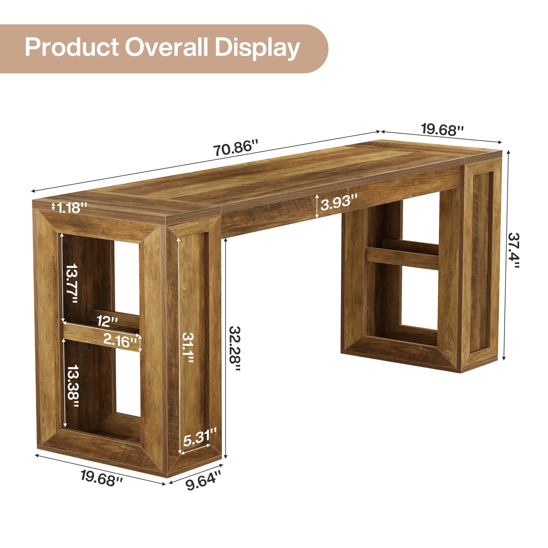 70.87" Farmhouse Bar Table, Rectangular High Top Pub Tables with Open Storage Shelves for Kitchen
