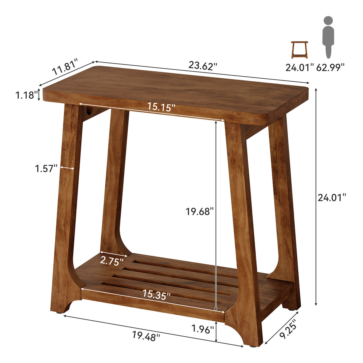 Narrow Solid Pine Wood Side Table, 2-Tier Rectangular End Table with Storage