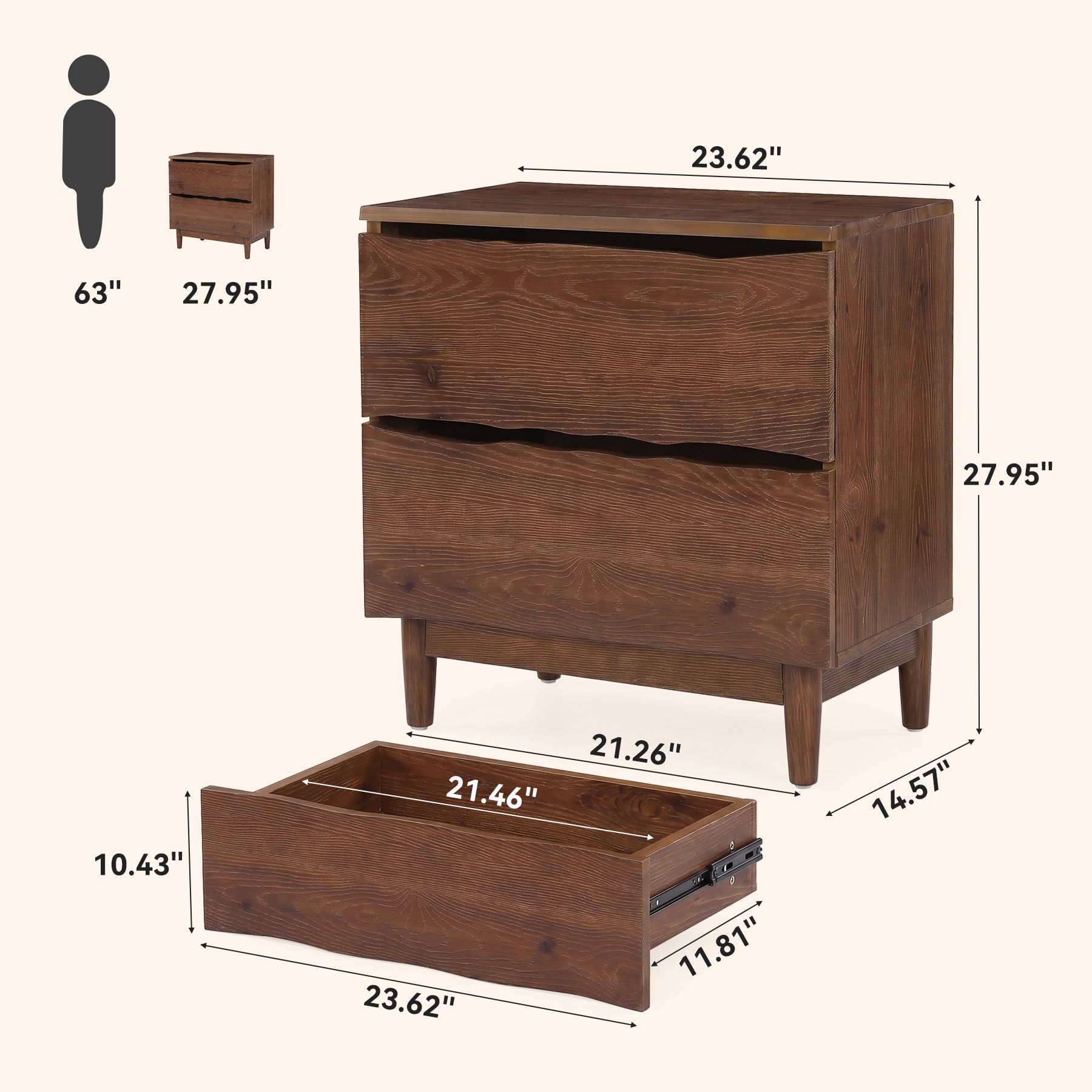 23.6" Solid Wood Nightstand, Mid-Century End Table with 2 Storage Drawers