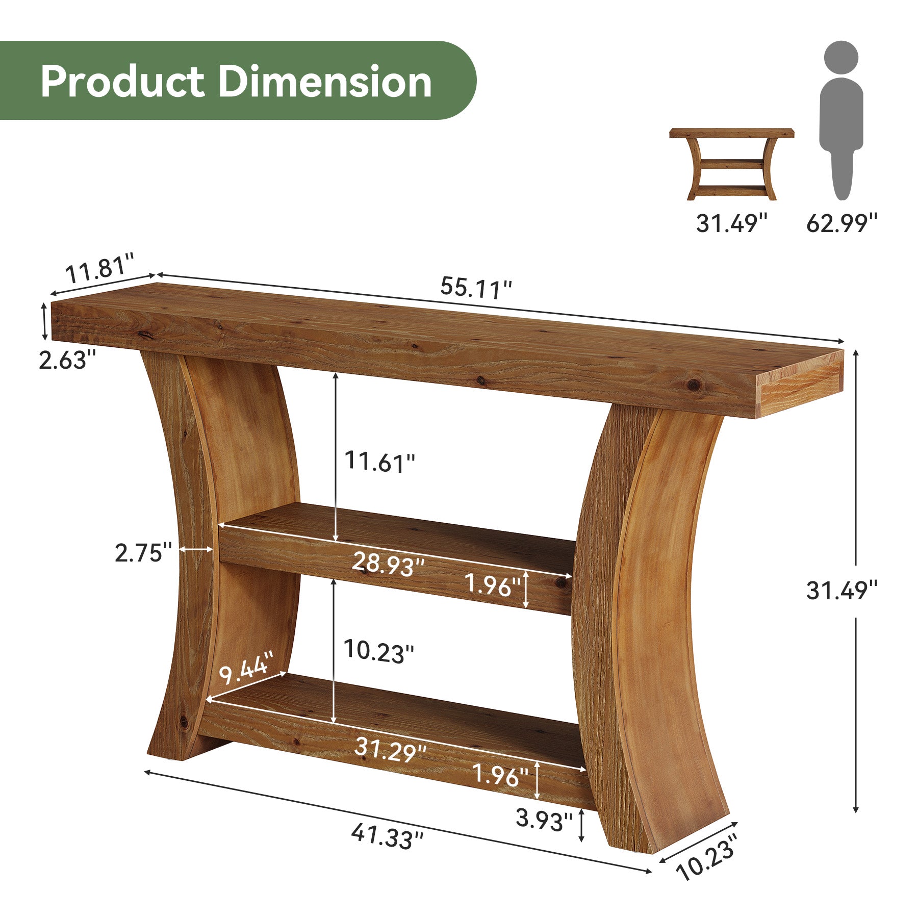 55" Solid Wood Console Table, 3-Tier Entryway Sofa Table with Open Shelves for Entrance