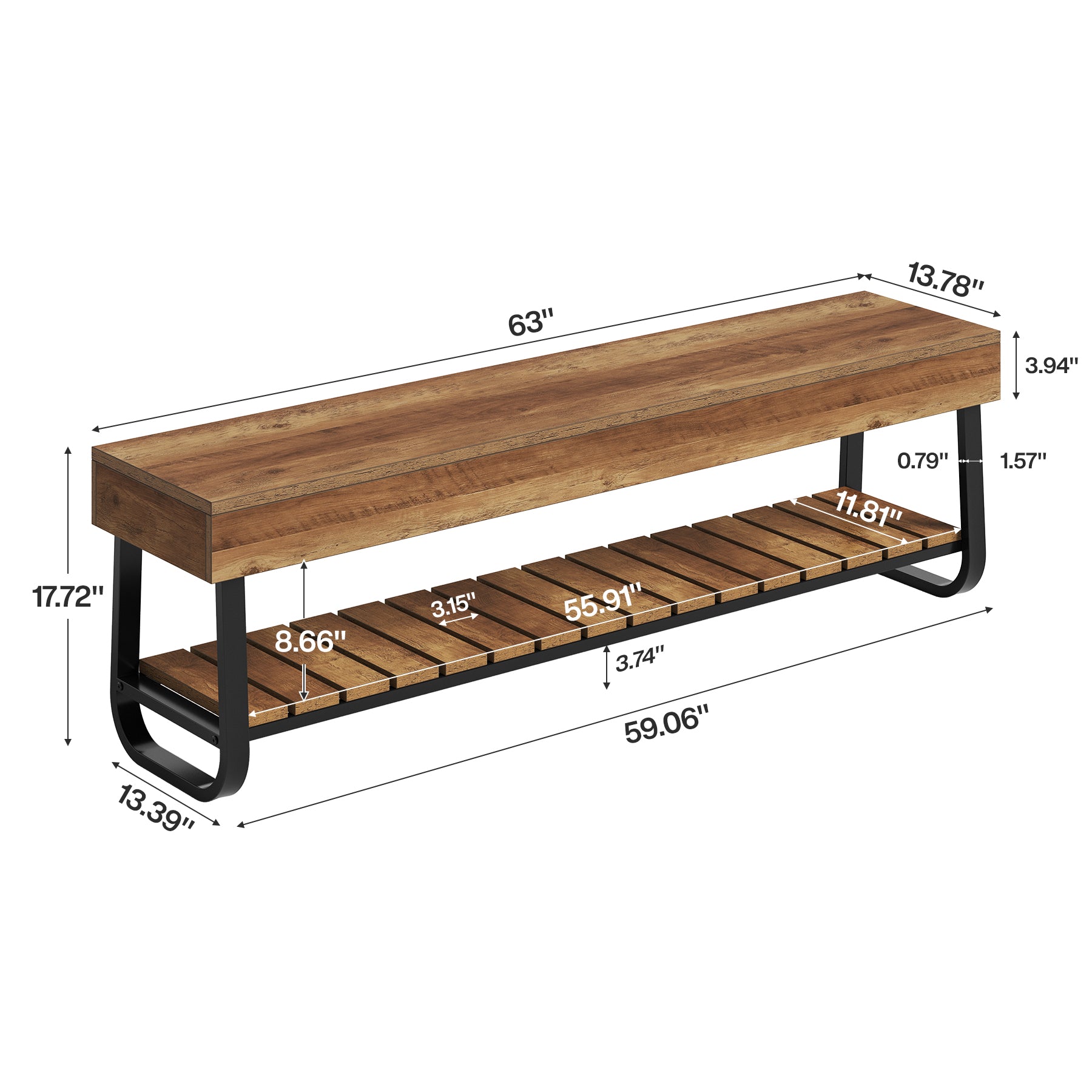 63" Dining Bench with Slatted Shelf, Indoor Kitchen Bench with Metal Frame