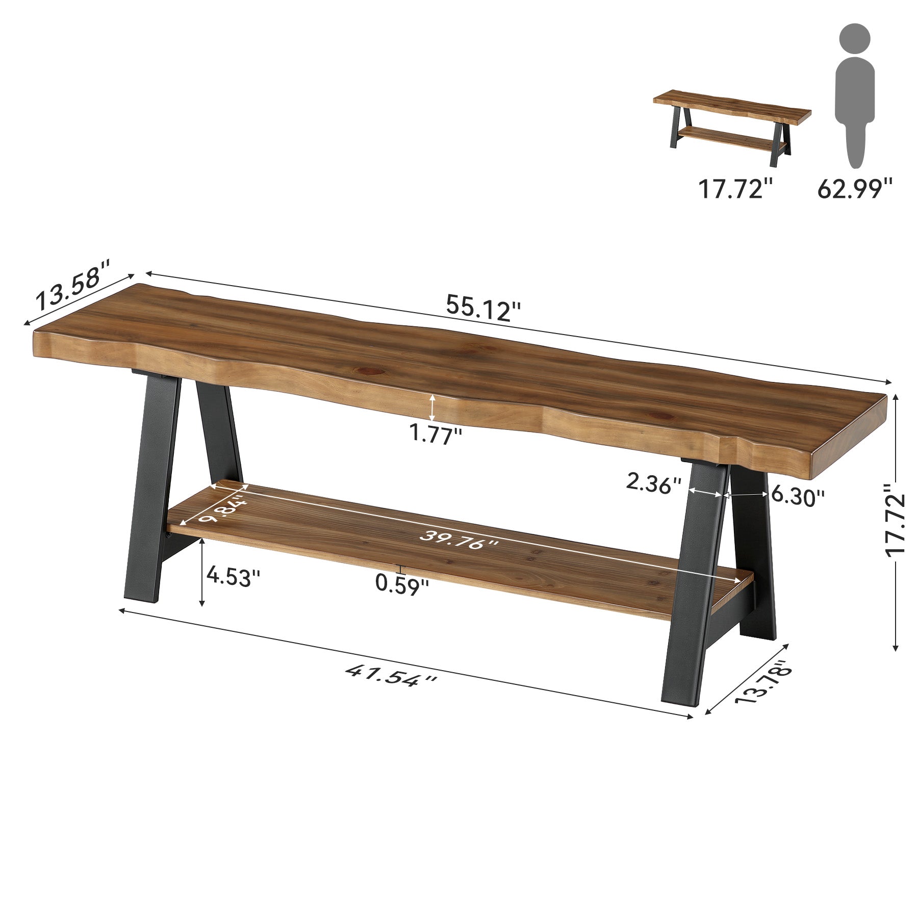 55" Solid Wood Dining Bench, Live Edge Dining Seat with Storage Shelf & Metal Legs