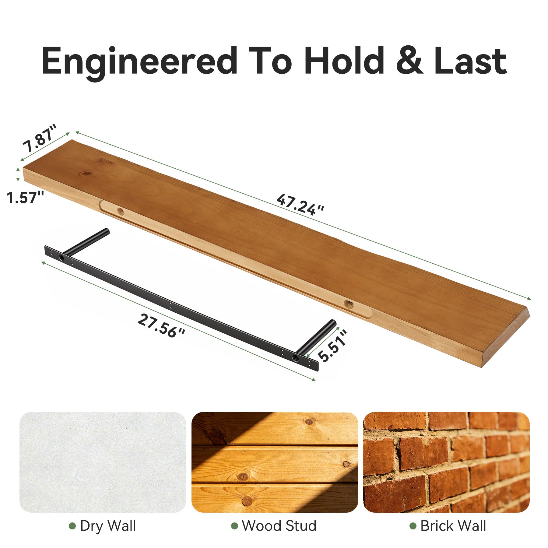 47.2" Floating Shelves for Wall Set of 3, Solid Wood Live Edge Wall Shelves