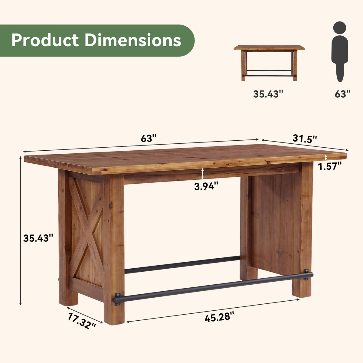 63" Farmhouse Solid Wood Kitchen Island with Metal Footrest, Counter Height Table