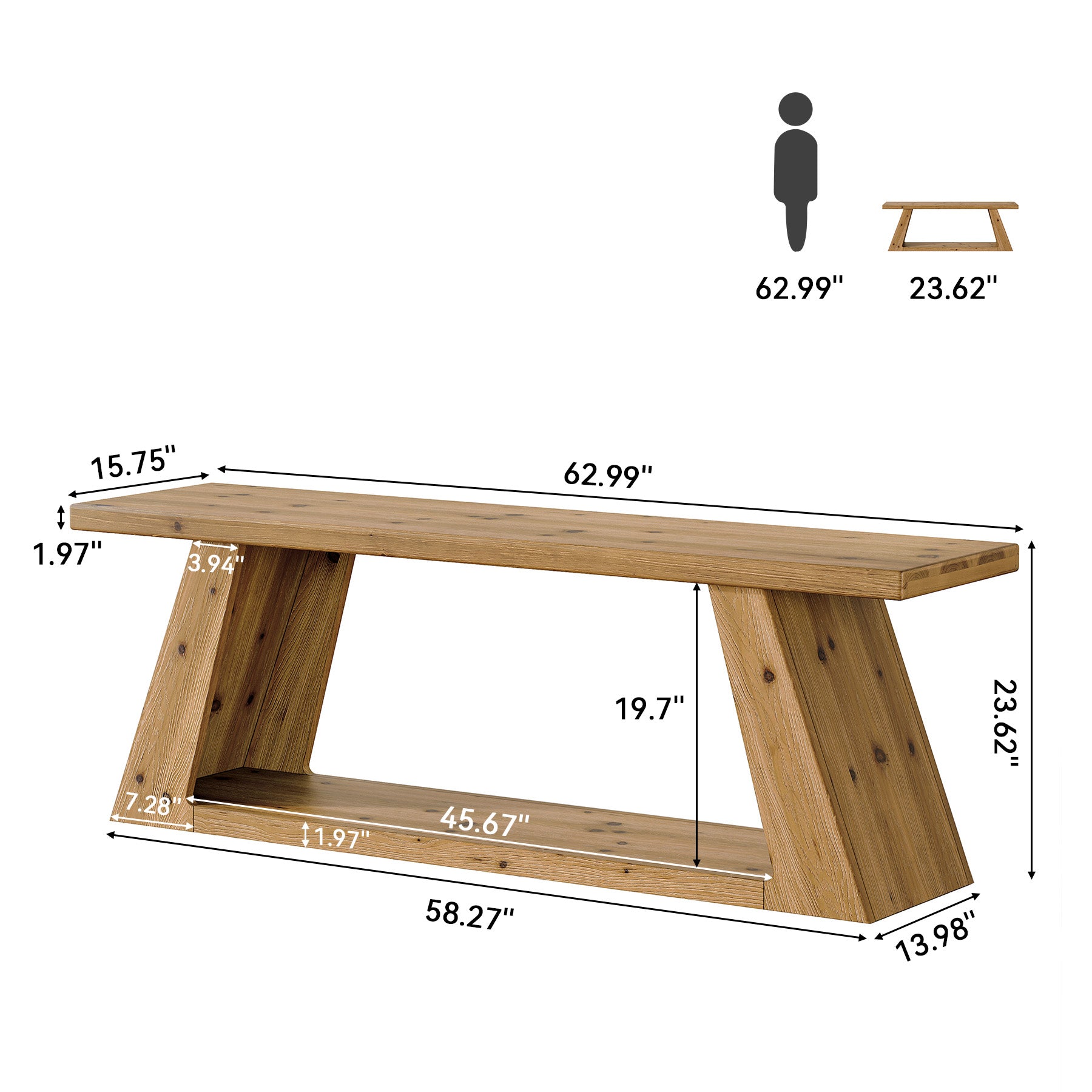 63" Solid Wood Console Table, Farmhouse Sofa Table with 2-Tier Open Shelf for Entryway