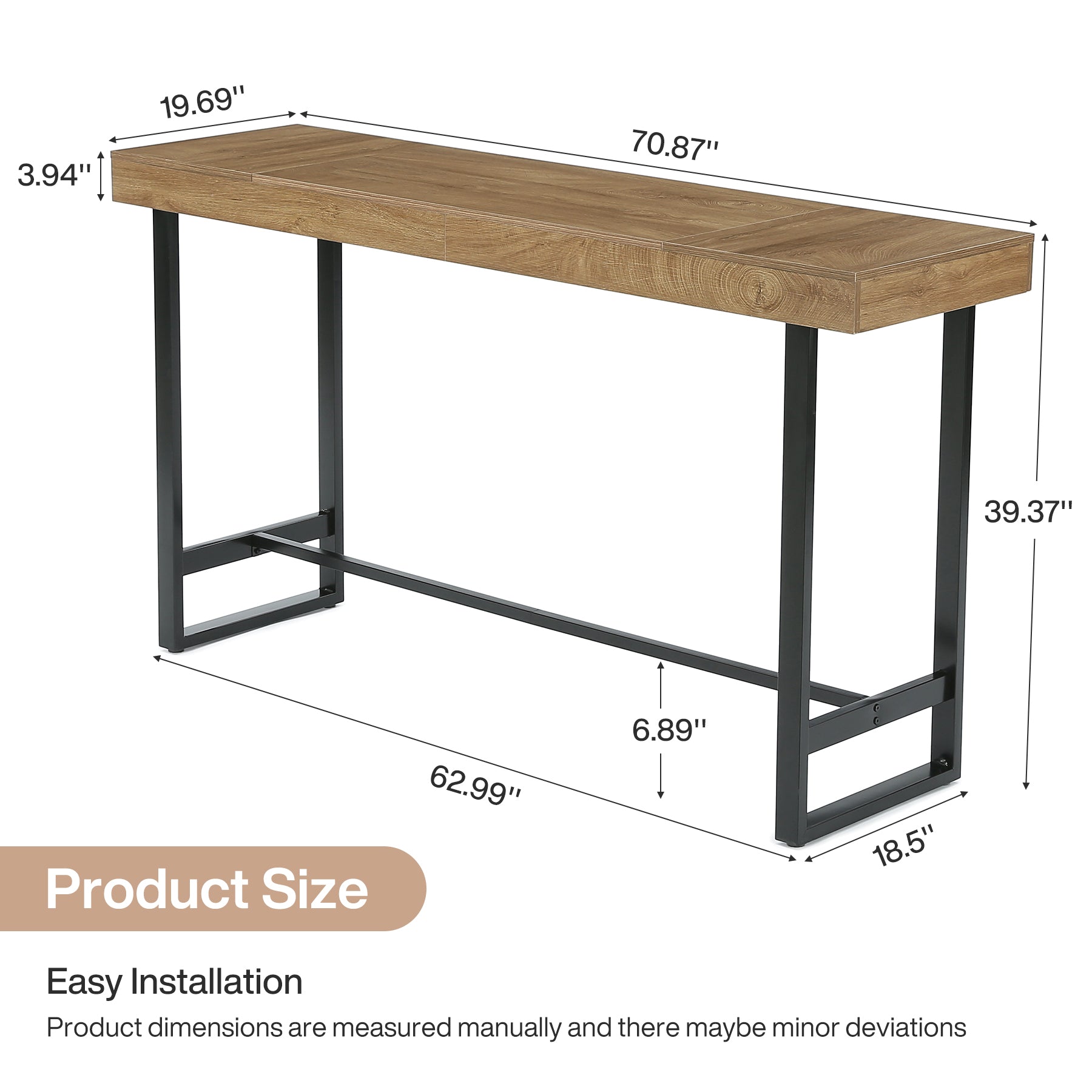 70" Industrial Bar Table, Metal Pub Table with Footrest for Coffee Station or Standing Desk