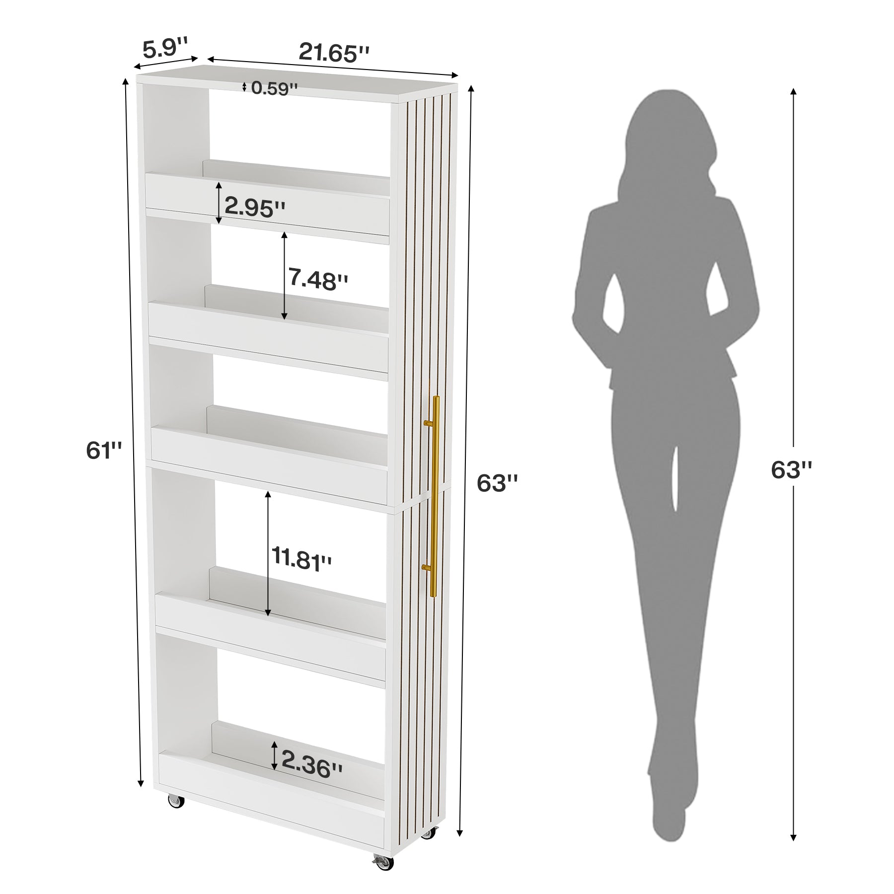 63-Inch Slim Rolling Storage Cart, 5-Tier Narrow Organizer with Wheels for Small Spaces