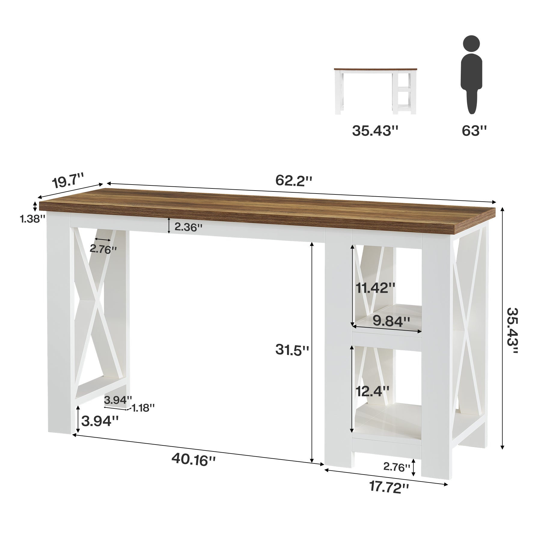 62.2" Kitchen Island, Large Counter Height Bar Table with Side Storage Shelves