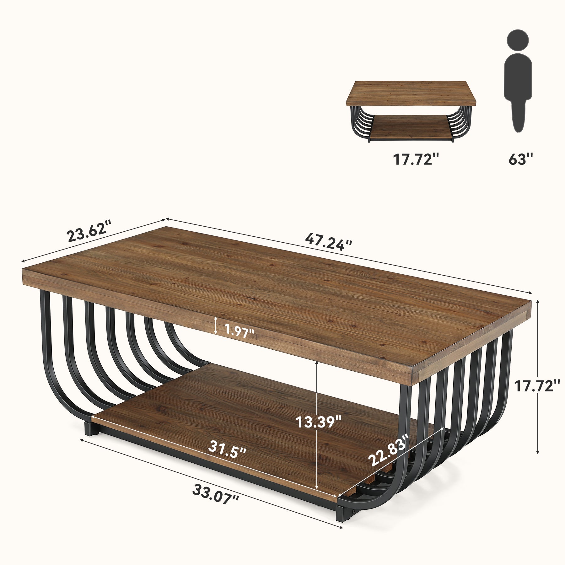 47" Solid Wood Coffee Table, Rectangle Center Table with 2-Tier Storage & Metal Frame