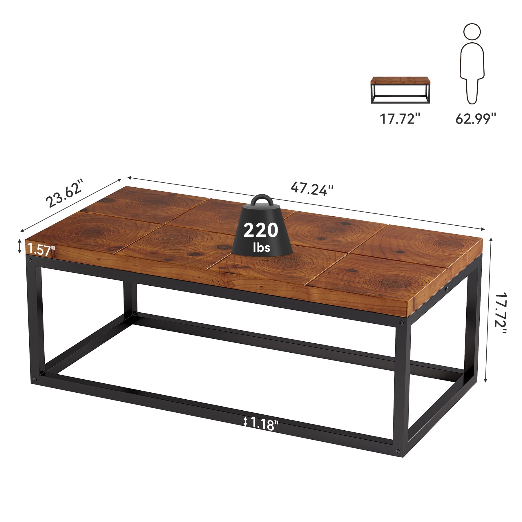 47" Rectangle Coffee Table, Solid Wood Industrial Center Table with Metal Frame